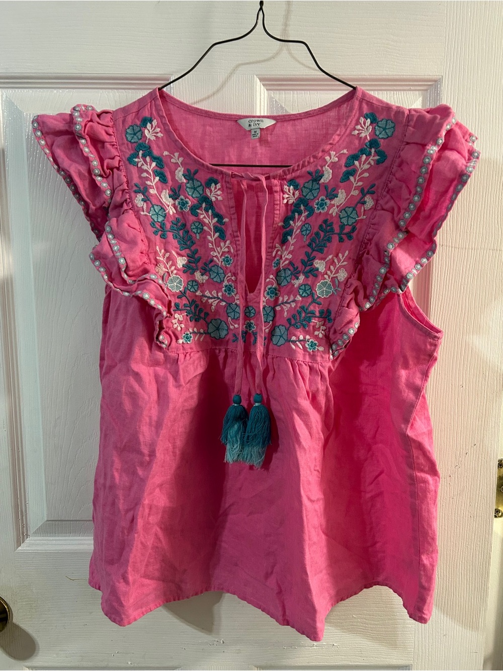 crown & ivy Pink linen Embroidered Tassel Flutter Sleeve Tunic